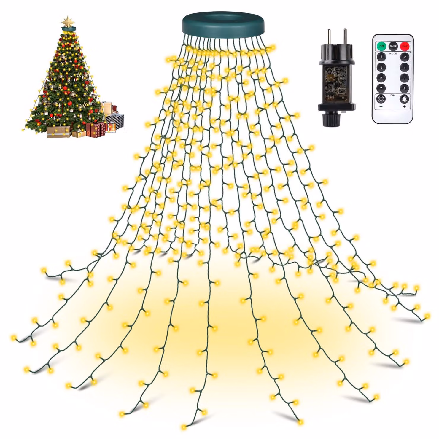 Ghirlanda luminosa per albero di Natale, 2,5 metri, 400 LED, 16 fili, luce bianco caldo