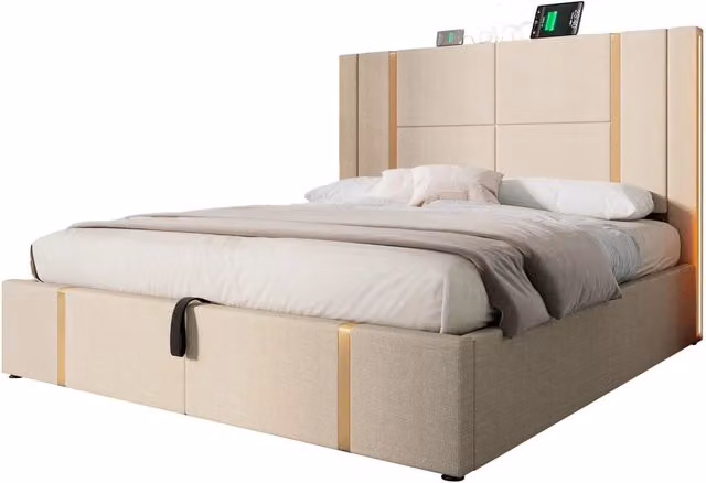 Letto matrimoniale 180x200 in lino beige con LED， USB-C e contenitore， senza materasso