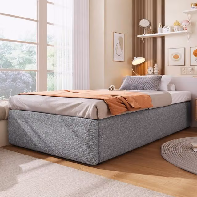Letto contenitore Mivray imbottito con sistema di sollevamento idraulico in tessuto grigio L/P/H: 200 x 90 x 35,2 cm