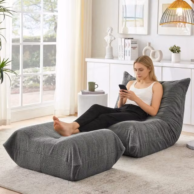 Divano Poltrona da Terra con Poggiapiedi MINIMAL Grigio in Velluto Teddy