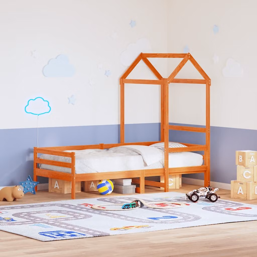 vidaXL Tetto Letto per Bambini in Legno di Pino Massello, Marrone Cera, L: 118 cm, P: 70 cm, H: 176,5 cm