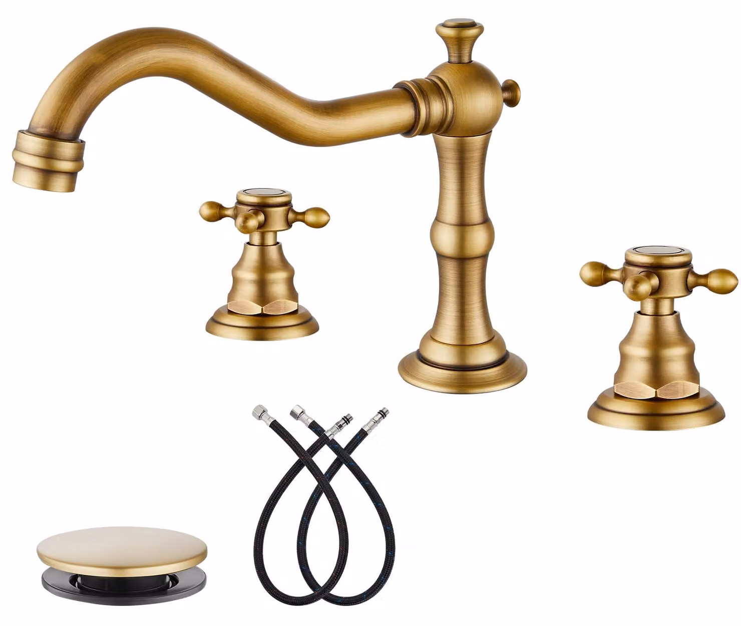 Miscelatore per lavabo a 3 fori, finitura in ottone anticato, maniglie a croce, sistema di scarico a tappo a scomparsa