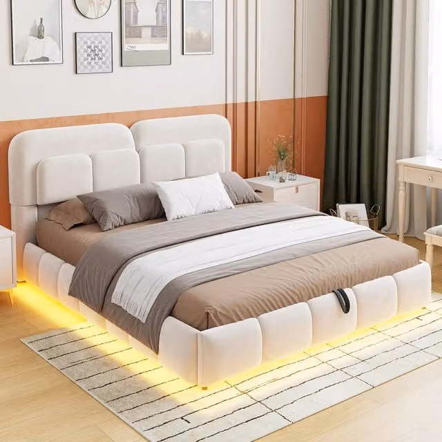 Letto imbottito 140 × 200 cm con LED, contenitore idraulico e testiera morbida, senza materasso, beige