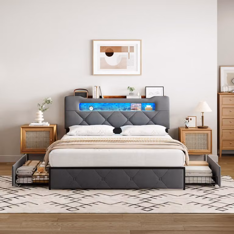 Letto imbottito ProximaX 160×200 cm in grigio - Morbido rivestimento in velluto, testata con vano portaoggetti e porta USB, 4 cassetti sotto il letto per un ampio spazio di archiviazione