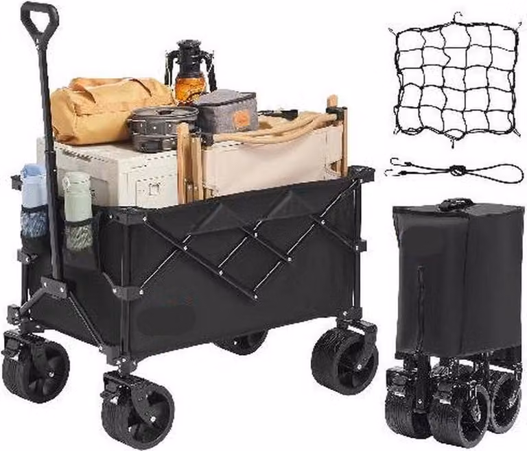 Carrello pieghevole per la spiaggia - Carrello per il trasporto di oggetti - Ruote adatte a terreni diversi - Portabevande - Maniglia ergonomica