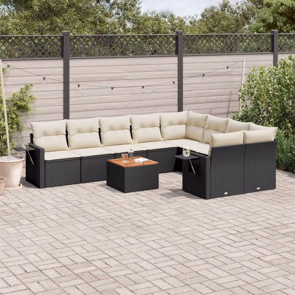 Set di divani da giardino vidaXL a forma di L composto da 10 pezzi in polyrattan nero con cuscini bianchi e tavolino da esterno – 1