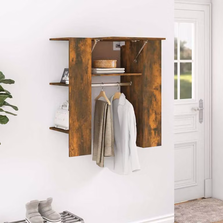 Scaffale da ingresso moderno vidaXL in legno e MDF, colore rovere beige con pannello posteriore e appendiabiti, L/P/H: 97,5 x 37 x 99 cm