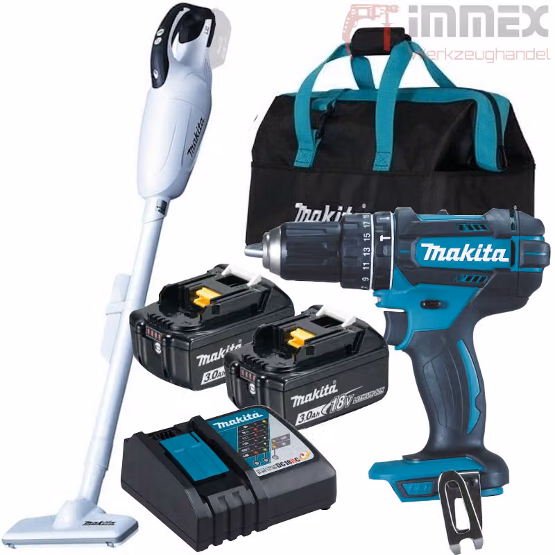 Set combinato a batteria Makita da 18 V con trapano avvitatore a percussione e aspirapolvere DLX2333X1