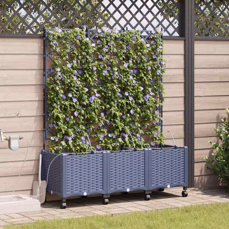 Set di 3 vasi da giardino con irrigazione e ruote vidaXL, colore grigio, in plastica