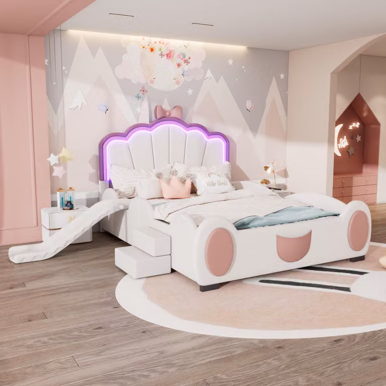 Letto imbottito Merax 140x200cm, letto a cartoni animati con scivolo, scale, luci LED, design a farfalla, letto per bambini, letto per ragazzi, PU, bianco