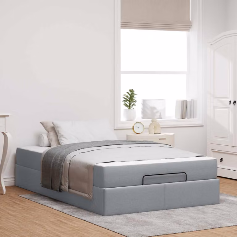 Set letto vidaXL con materasso in 2 pezzi, struttura imbottita in tessuto grigio chiaro con cassetti, L 120 x P 200 cm