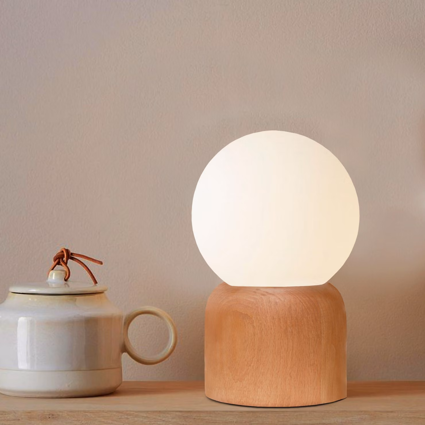 Opviq, lampada da tavolo moderna, legno e vetro, beige/bianco, attacco E27, 25 cm, grado di protezione IP20
