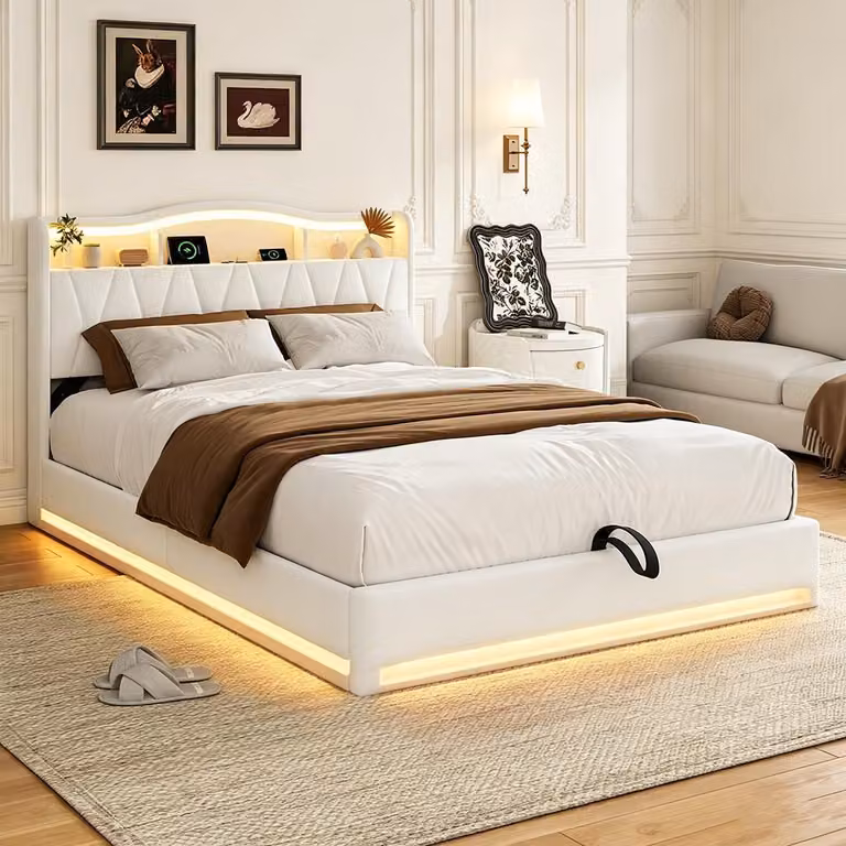 Letto imbottito INONEFT 140x200 con spazio contenitore, letto matrimoniale con LED/USB, letto con sistema di sollevamento idraulico, letto per ragazzi, letto multifunzionale, in velluto (beige)