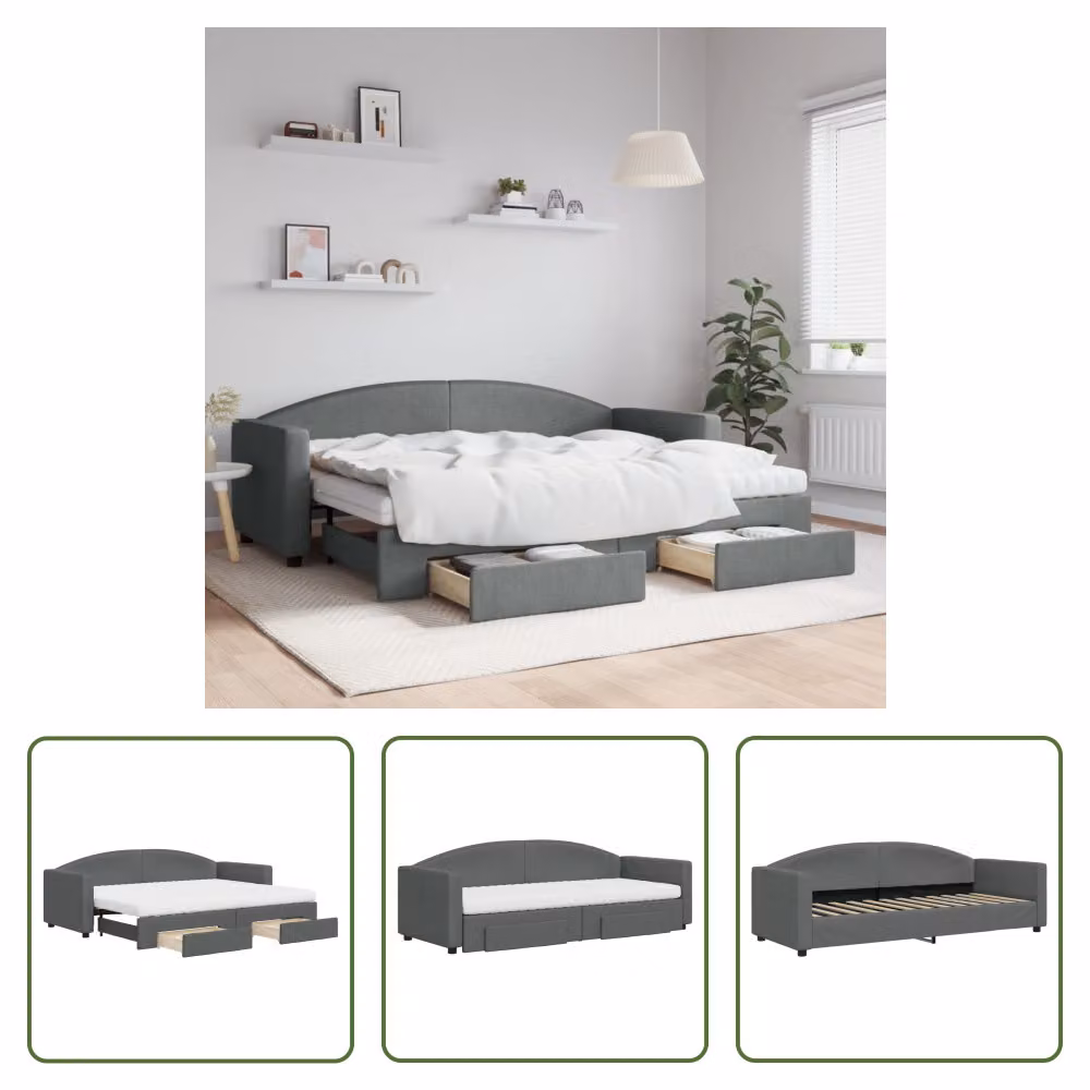 The Living Store Letto da giorno allungabile con cassetti grigio scuro 80x200 cm tessuto