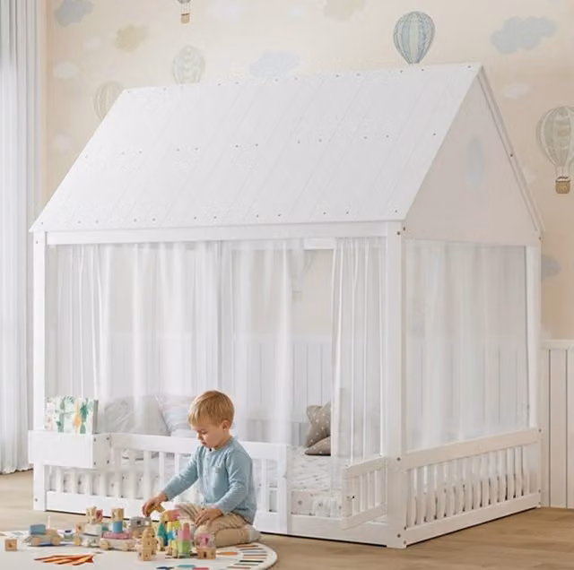 Letto per bambini 140x200 cm bianco in legno e MDF con vano portaoggetti