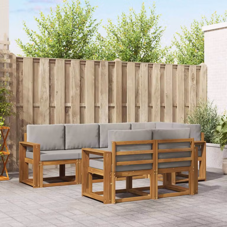 Set di divani da esterno vidaXL a forma di L composto da 7 pezzi in legno di acacia con cuscini grigi per giardino e terrazza
