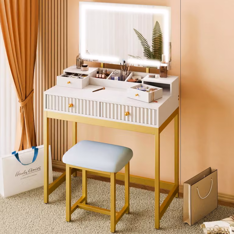 Comò da trucco con specchio e sgabello, comodino da camera da letto disponibile in 3 colori