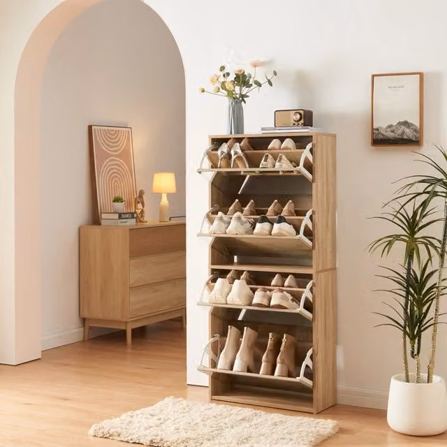 Scarpiera Stretta Lund en.casa con Ante a Specchio e 4 Contenitori Ribaltabili, Colore Marrone, L: 60 cm, H: 134 cm, P: 24 cm