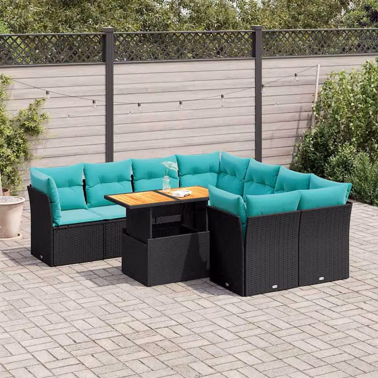 Set Divani da Giardino vidaXL 9 pz a Forma a U in Polyrattan con Cuscini Blu e Nero e Tavolino da Esterno