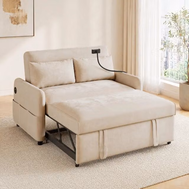 Divano letto estraibile 2 posti in chenille beige con schienale reclinabile; USB e porta telefono