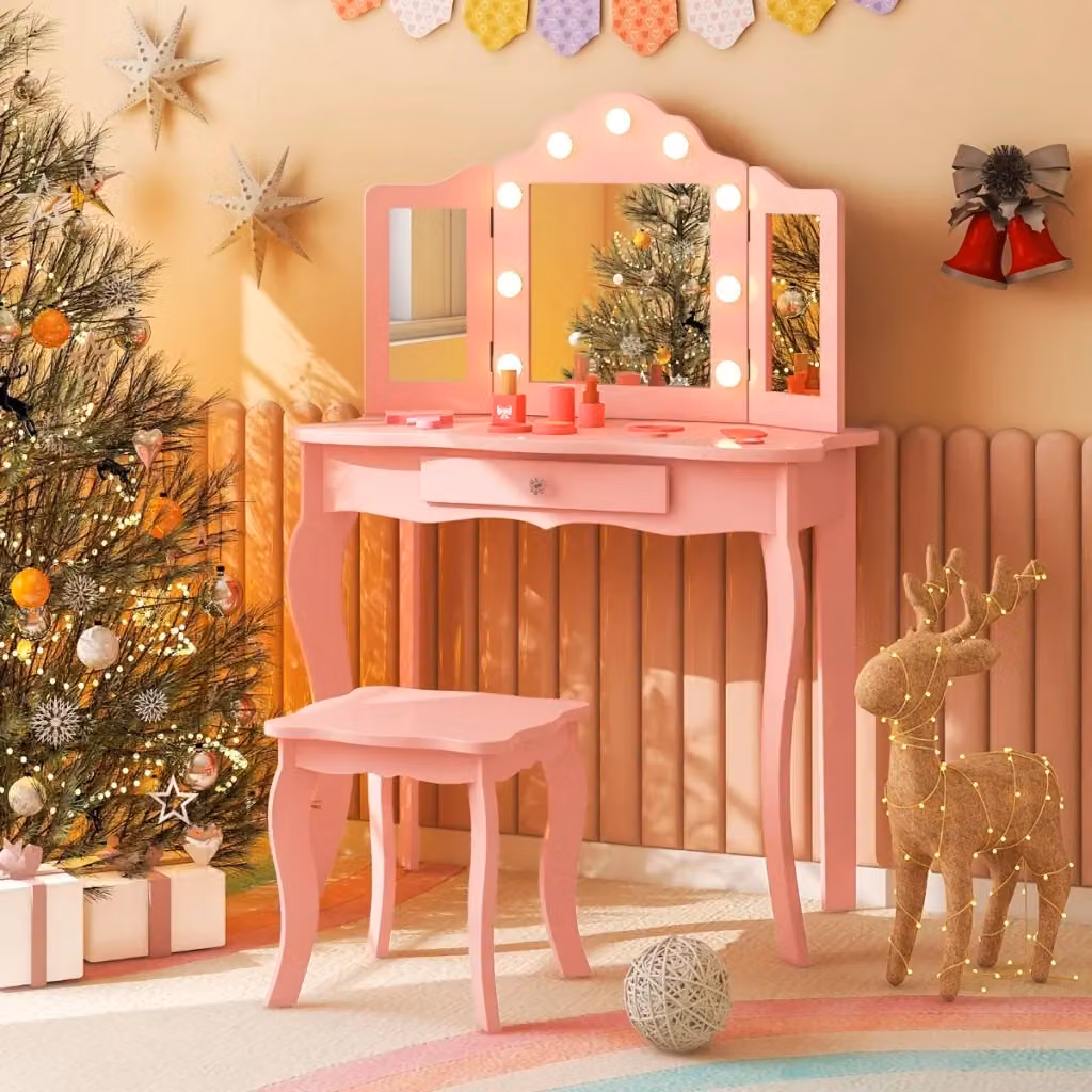 Set tavolo da trucco per bambini con sgabello e specchio a tre pieghe in vetro, design principessa rosa in MDF laccato – 2