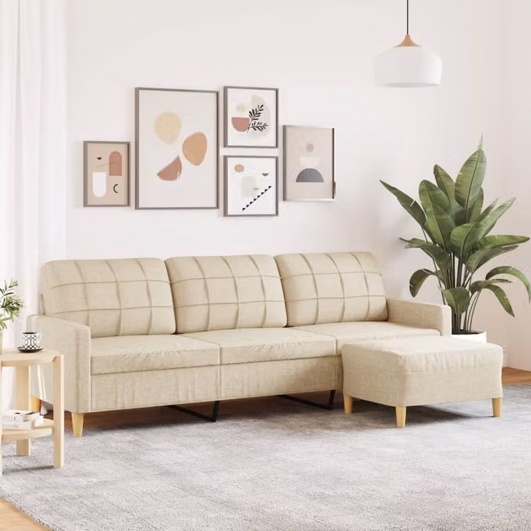 Maison Exclusive - Divano a tre posti con poggiapiedi, color crema, 210 cm, in tessuto