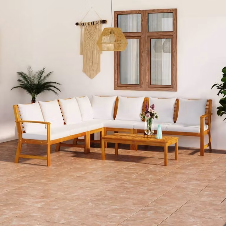 The Living Store Set da giardino da 6 pezzi con cuscini in legno massiccio di acacia color crema