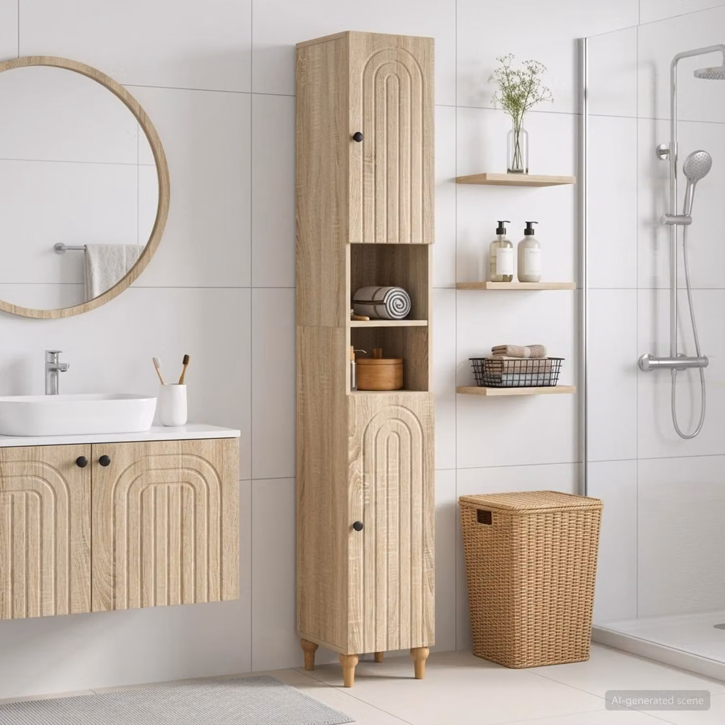 Armadio da Bagno Moderno vidaXL ALKMAAR con Ripiano Aperto e Ante a Battente, Marrone Rovere Sonoma, H: 190 cm, L: 31 cm, P: 30 cm