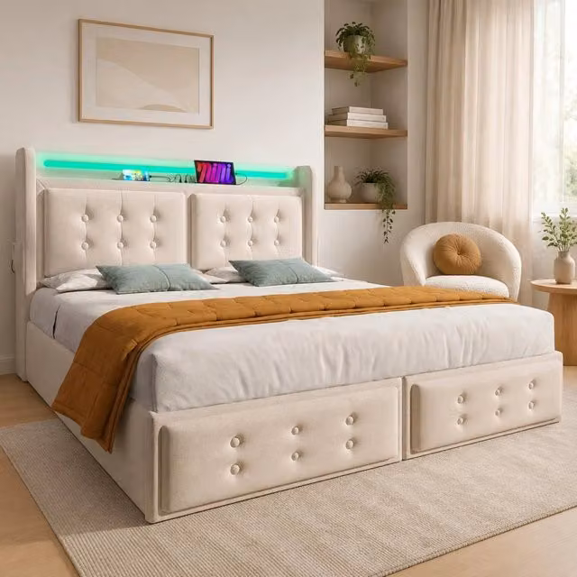 Letto imbottito REDOM con cassetti, illuminazione LED, porta USB e mensola integrata, beige o grigio, L/P/H: 220 x 140 x 106 cm