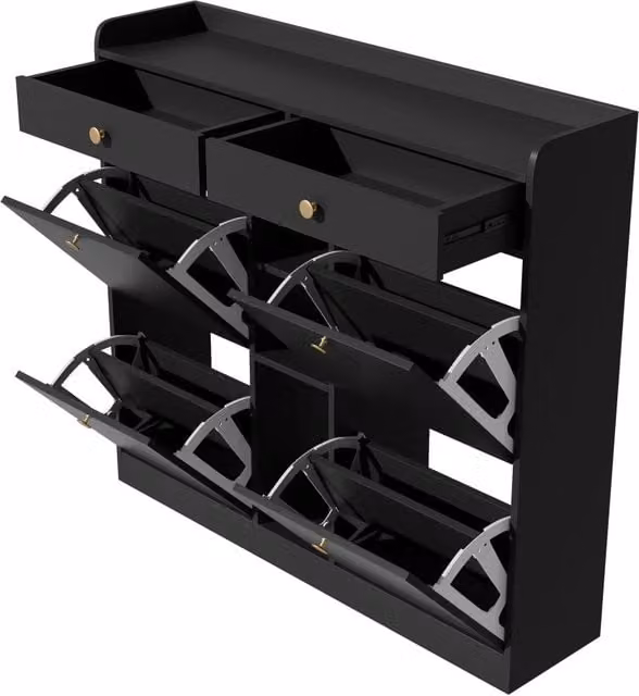 Armadio porta scarpe nero con 4 ante a ribalta, 2 cassetti e 3 scomparti aperti, 110x26x100 cm