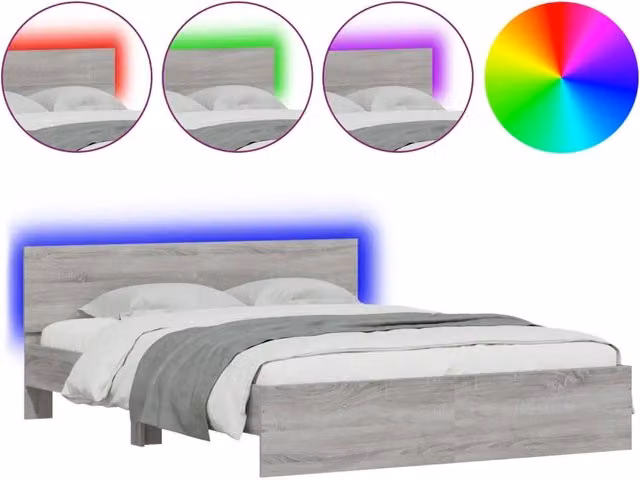 Letto matrimoniale | Letto per adulti | Giroletto con Testiera e LED Grigio Sonoma 160x200 cm