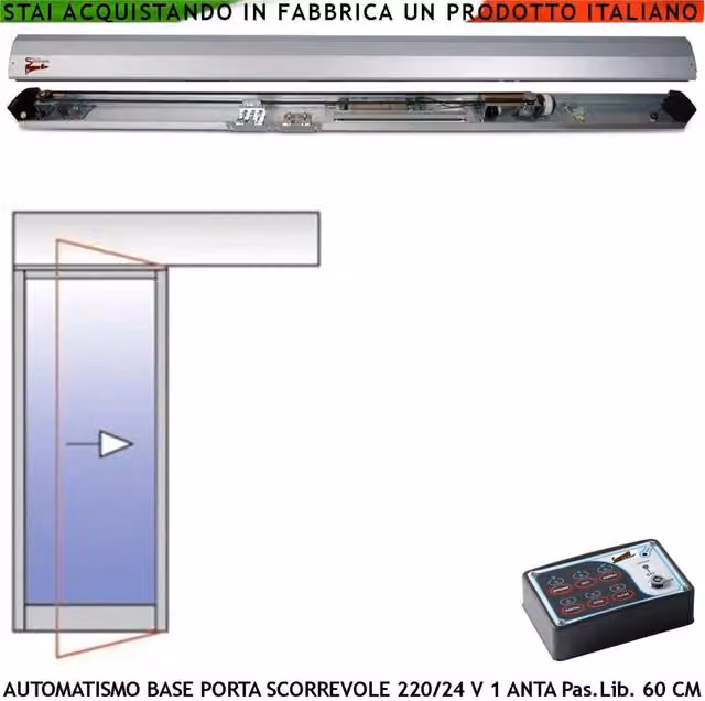 Kit Automatismo Securvera per Porta Scorrevole Esistente con Passaggio Libero di 600 mm, Trasmissione a Cinghia, Ruote con Cuscinetti Autolubrificanti e Controllo Automatico Encoder, 230/24 V, Colore Argento