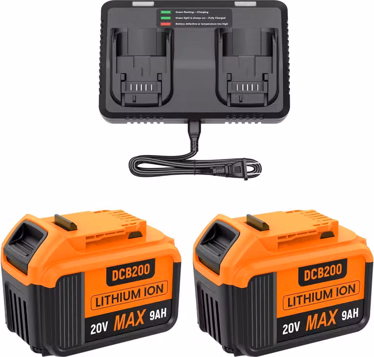 Set di batterie per utensili elettrici - Compatibile con DCB200/201/203/205 - 20 V - Li-Ion 9,0 Ah (9000 mAh) - 2 batterie - Caricabatterie rapido 6 A - RoHS - Arancione