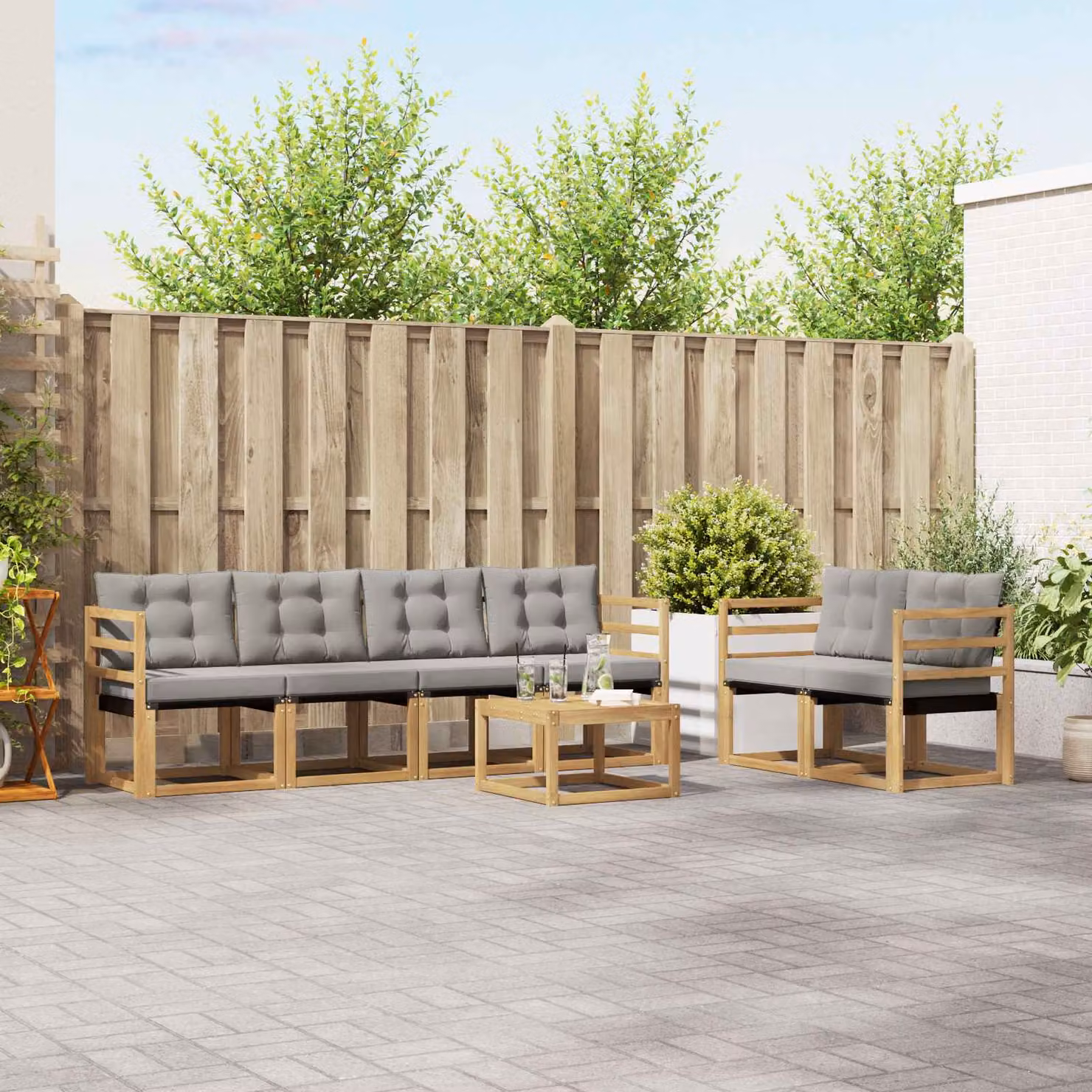 Set di divani da esterno vidaXL 7 pz in legno di acacia con tavolino e cuscini Bianco e Grigio
