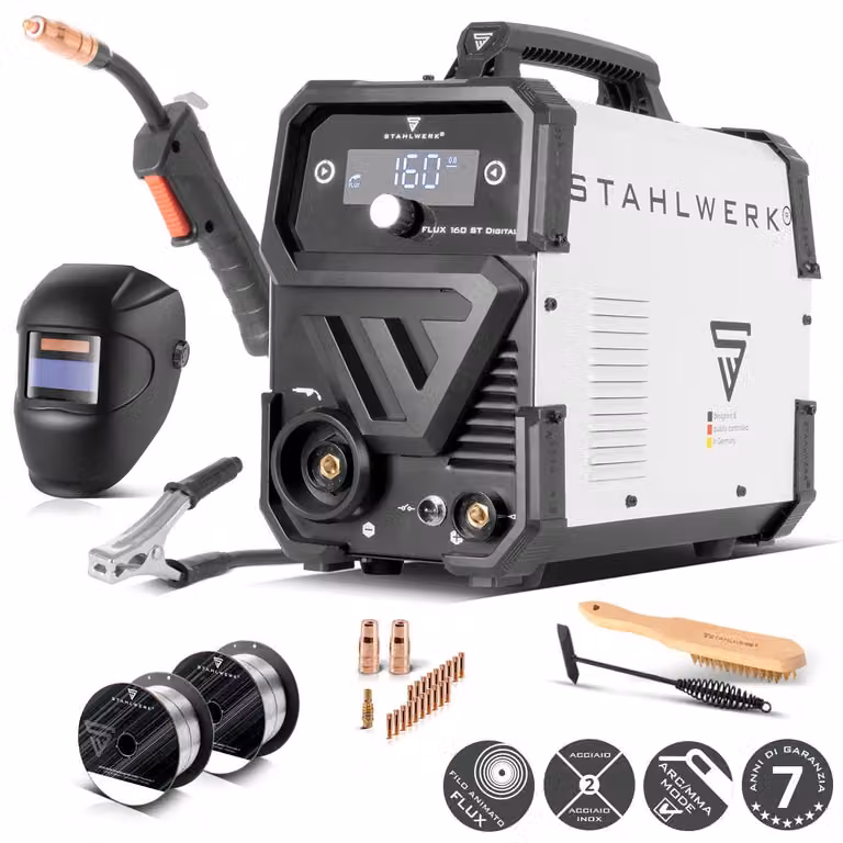 STAHLWERK FLUX 160 ST Saldatrice digitale - completamente attrezzata - combinata 3 in 1 con 160 A, saldatura a filo continuo senza gas, MMA (MMA/ARC), Lift-TIG (DC)