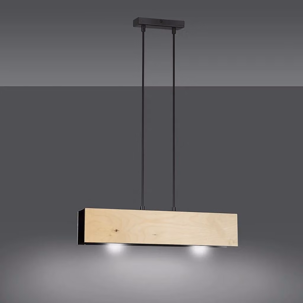Lampadario a sospensione Luceart-Classic con 2 luci, corpo rettangolare in metallo nero e legno naturale, stile scandinavo – 2