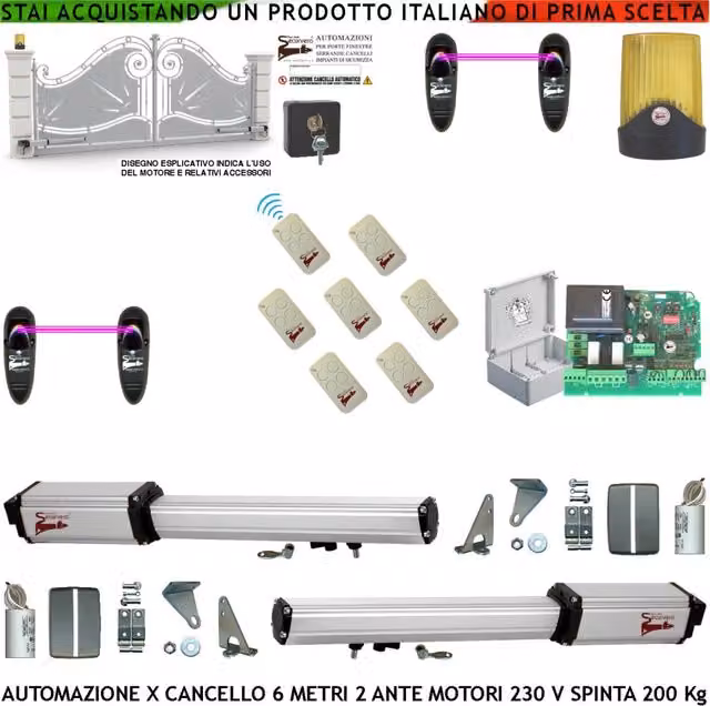 Kit Per Cancello Elettrico 6 Metri 2 Ante da 3 MT Motori Elettromeccanici 230 V Corsa 500 mm Spinta 2 Q.li Sblocco Staffe Sette Radiocomandi 2 Coppie Fotocellule Faro Selettore 2 Ck Cartello Monitore