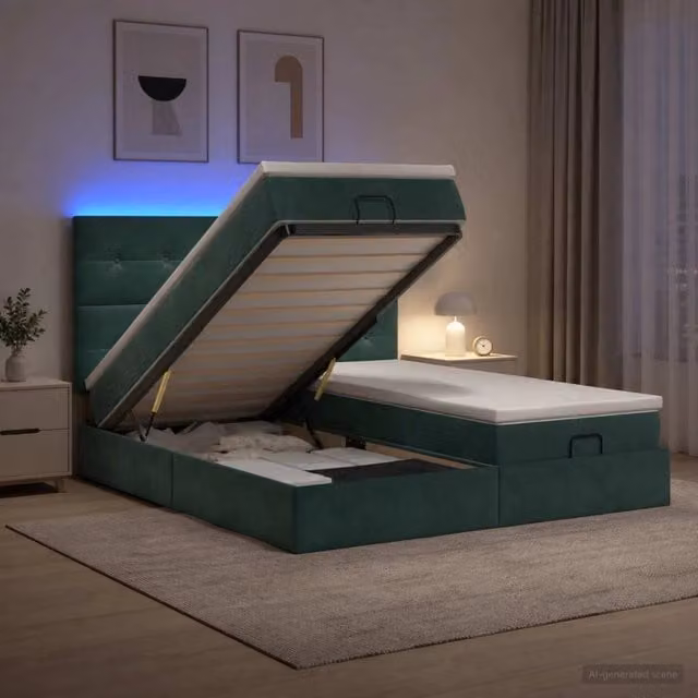 Letto Ottomano Moderno vidaXL in Velluto Verde con Materasso Ibrido e Illuminazione LED Sotto il Letto L: 160 cm, P: 200 cm, H: 88 cm