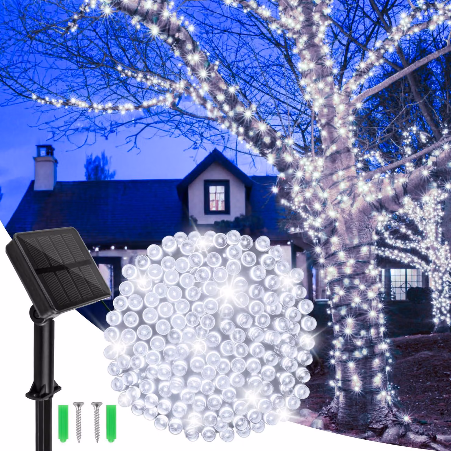 Catena luminosa solare, 14 metri, 120 LED, luce bianca fredda, resistente agli agenti atmosferici, 8 modalità