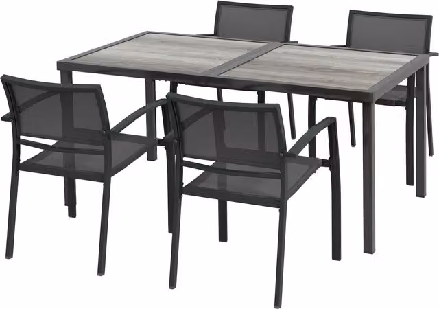 Set mobili da giardino Outsunny composto da 1 tavolo e 4 sedie in metallo grigio, L: 150 cm, P: 87 cm, H: 72 cm