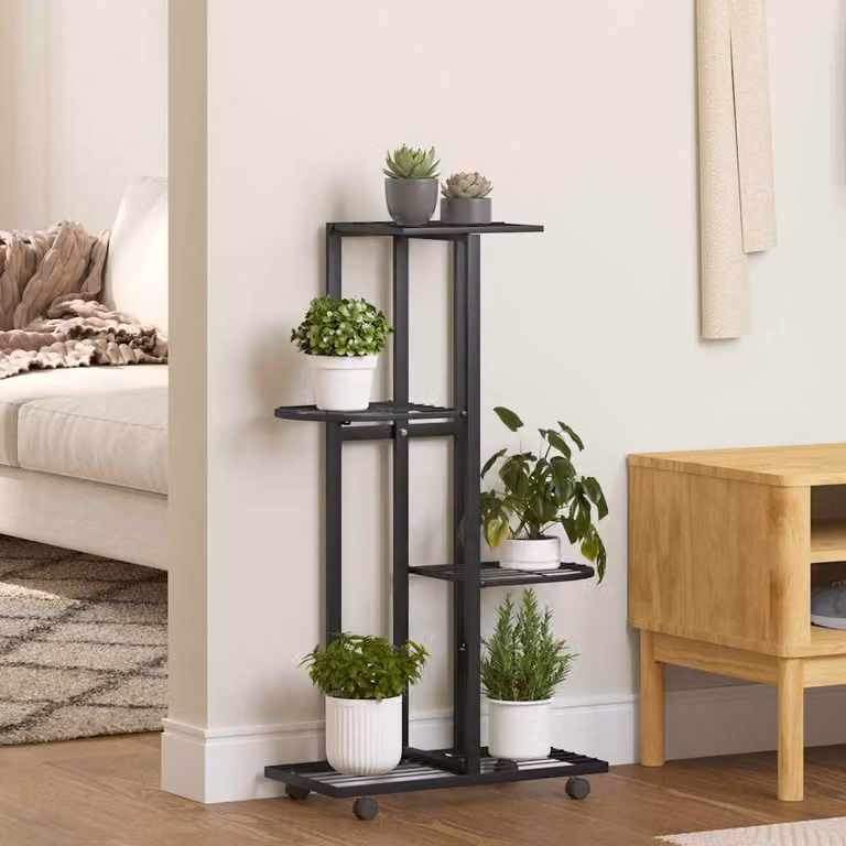 Fioriera vidaXL a 4 Piani con Ruote in Metallo Nero per Giardino, L 44 cm x P 23 cm x H 80 cm