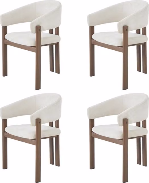 Set di 4 Sedie da Pranzo in Metallo con Effetto Legno di Noce e Rivestimento in Lino Beige, Stile Moderno
