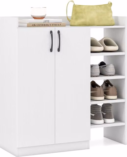 Scarpiera moderna DESIGN IN con 2 ante e ripiani aperti, mobiletto per scarpe bianco opaco per ingresso, soggiorno o camera da letto