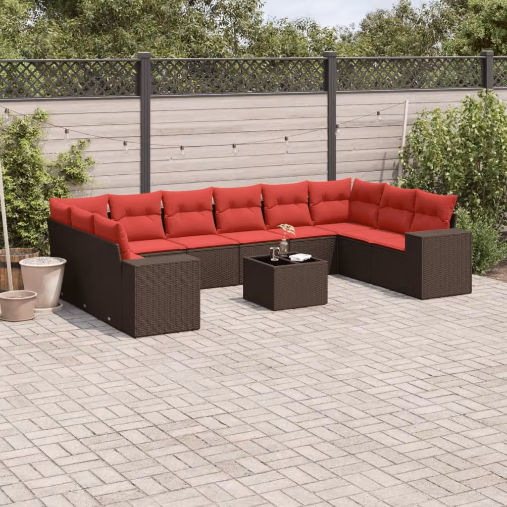 Set Divani da Giardino vidaXL 11 pz in Polyrattan Marrone con Cuscini e Tavolino da Caffè