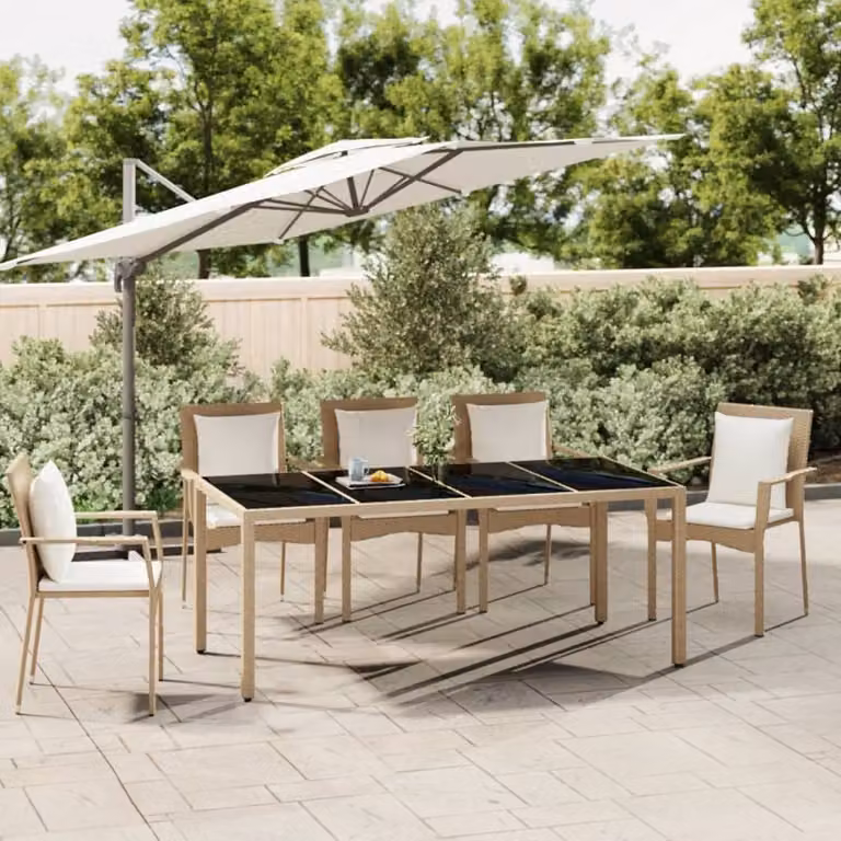 The Living Store Tavolo da giardino con piano in vetro Beige Poly Rattan e vetro temperato