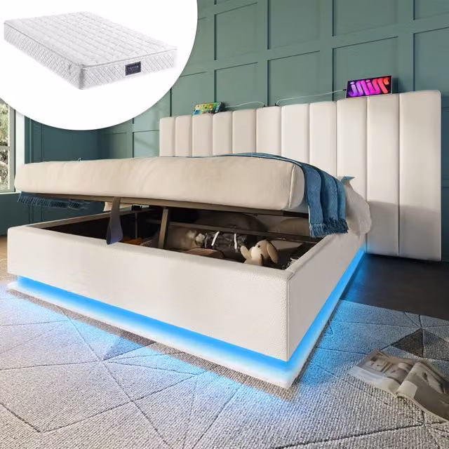 Desviae Letto contenitore 160 × 200 cm 2 posti con LED, USB, Type-C e materasso, controllo app, in PU, bianco