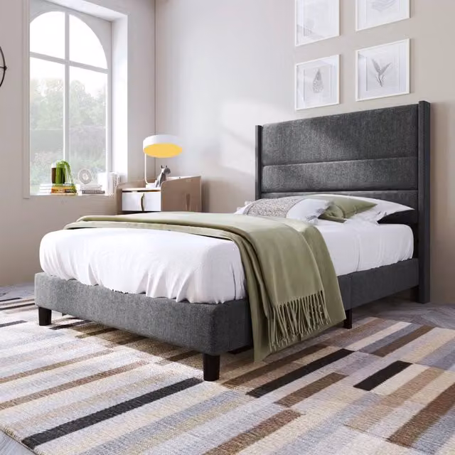 Letto imbottito 90 × 200 cm con rete a doghe e testiera rivestita in tessuto di lino grigio scuro