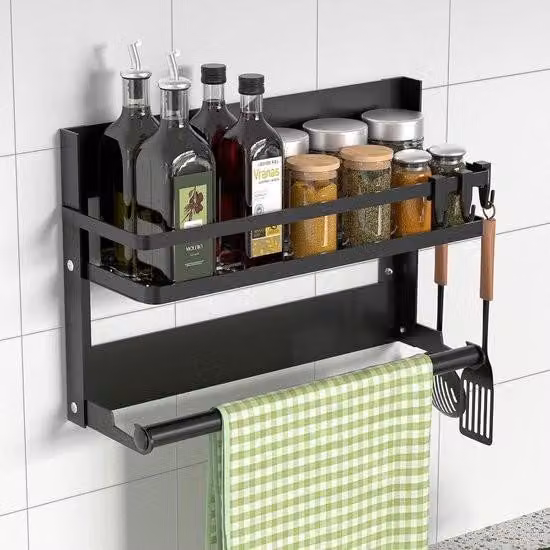 Portaspezie - Portarotolo da cucina in acciaio inox - Senza forare - Nero - 4 ganci Portarotolo da cucina appeso