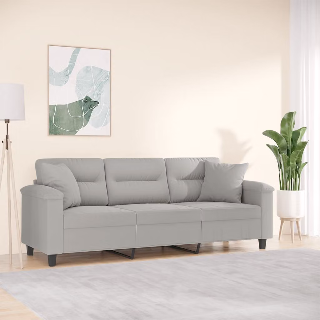 vidaXL Divano a 3 Posti Moderno in Microfibra Grigio con Cuscini e Struttura in Metallo L: 210 cm, P: 80 cm, H: 77 cm