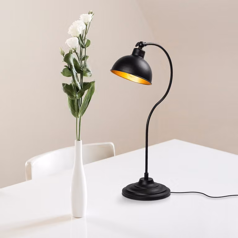 Opviq, lampada da tavolo di alta qualità, nera e dorata, 19 x 29 x 58 cm | Struttura in metallo, attacco E27, max. 40 W, IP20 | Design elegante e industriale per ambienti moderni.